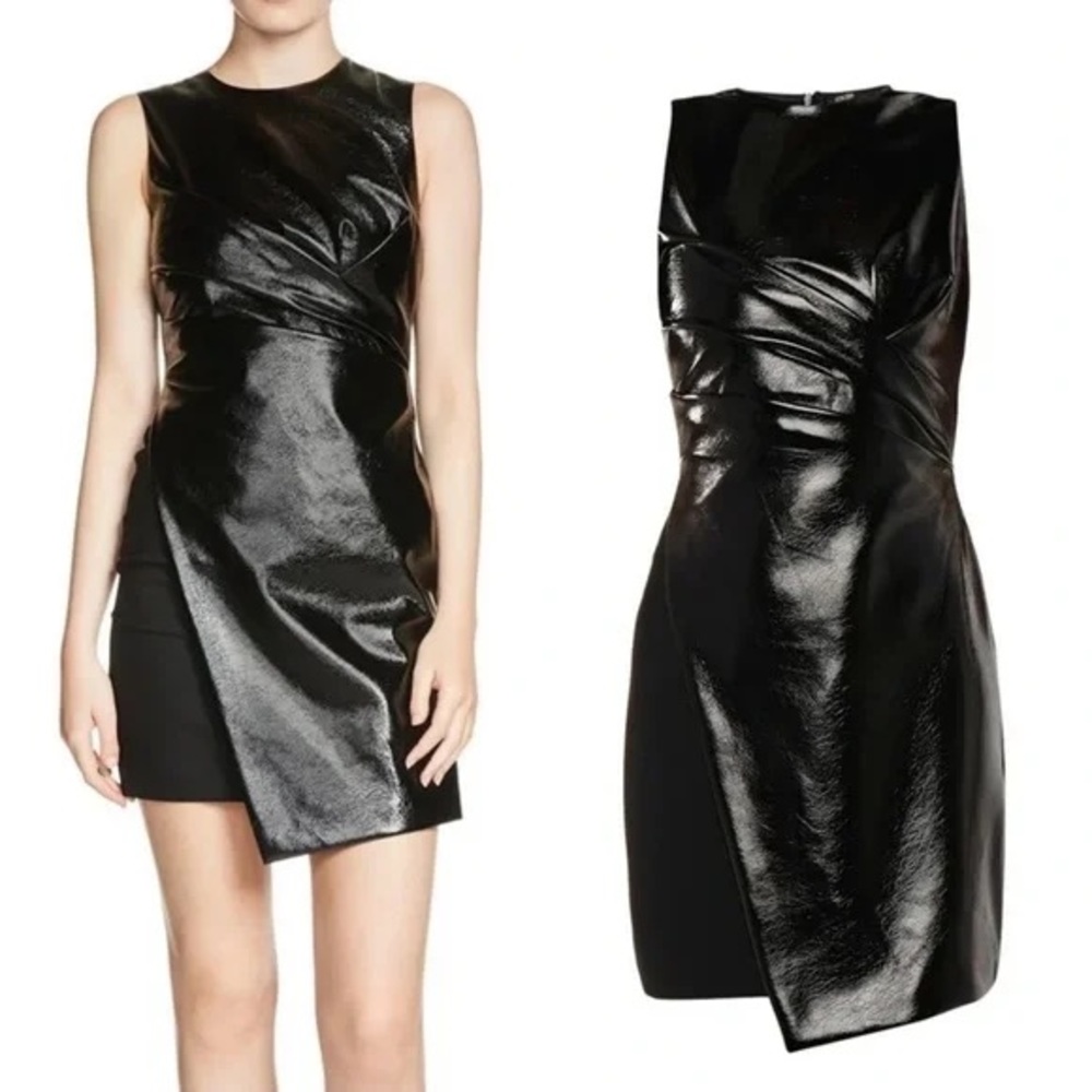 NEW | Maje Patent Leather Black Asymmetric Mini Dress Size Small (FR 1)